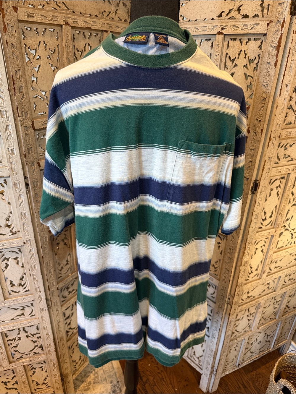 Vintage Specialty Collection Green, Navy & White Striped Pocket Tee